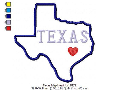 Texas Map Heart - Applique - Machine Embroidery Design