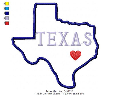 Texas Map Heart - Applique - Machine Embroidery Design