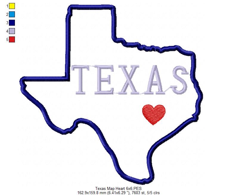 Texas Map Heart - Applique - Machine Embroidery Design