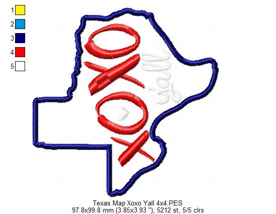 Texas Map XOXO Y'all  - Applique - Machine Embroidery Design