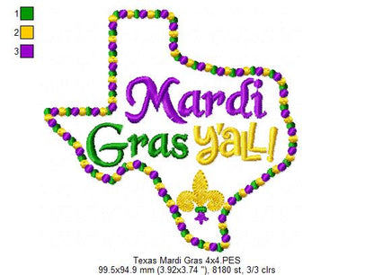 Texas Map Mardi Gras Y'all  - Fill Stitch