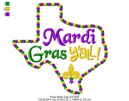 Texas Map Mardi Gras Y'all  - Fill Stitch