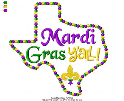 Texas Map Mardi Gras Y'all  - Fill Stitch