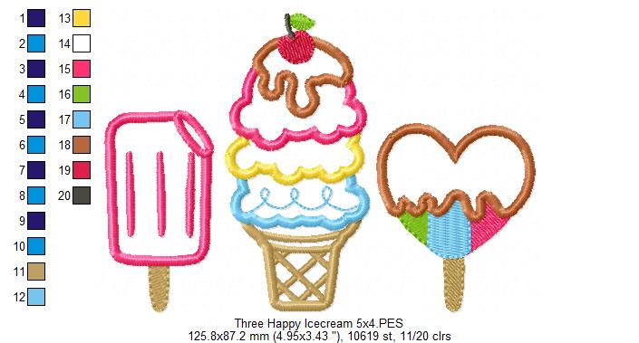 Three Summer Ice Cream - Applique Embroidery