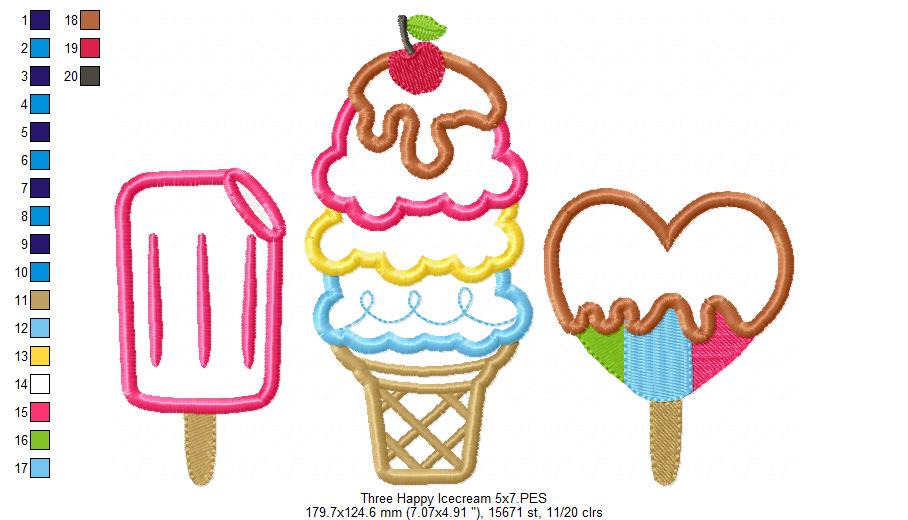 Three Summer Ice Cream - Applique Embroidery