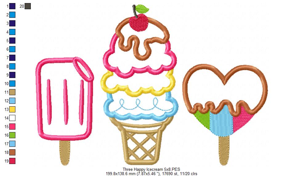 Three Summer Ice Cream - Applique Embroidery