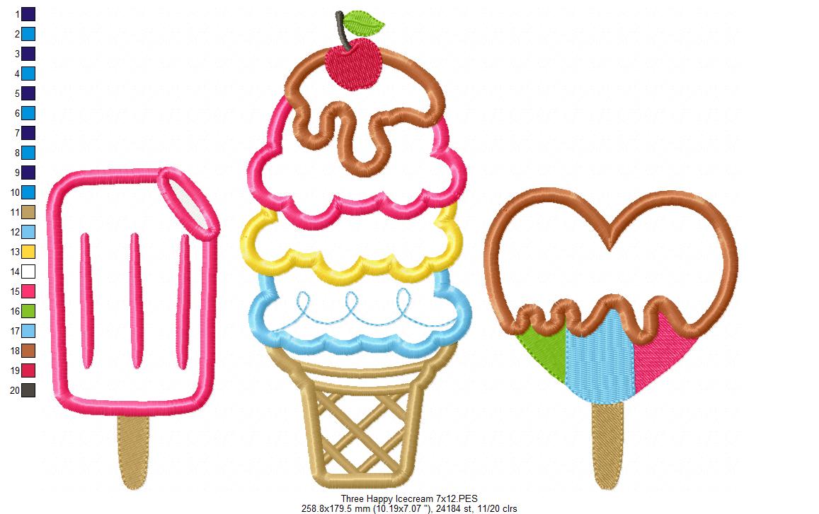 Three Summer Ice Cream - Applique Embroidery
