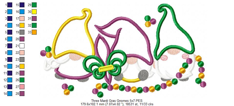 Three Mardi Gras Gnomes - Applique - Machine Embroidery Design
