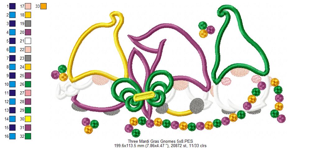 Three Mardi Gras Gnomes - Applique - Machine Embroidery Design