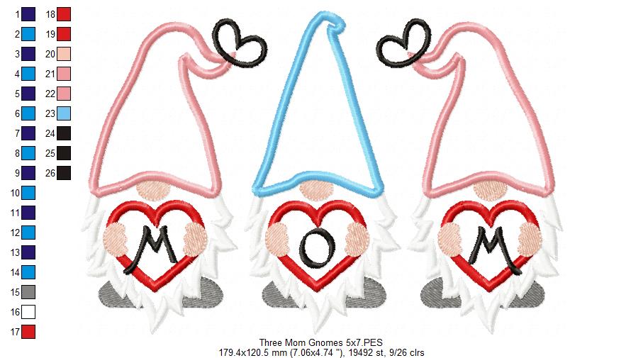 Three Mom Gnomes Heart - Applique - Machine Embroidery Design