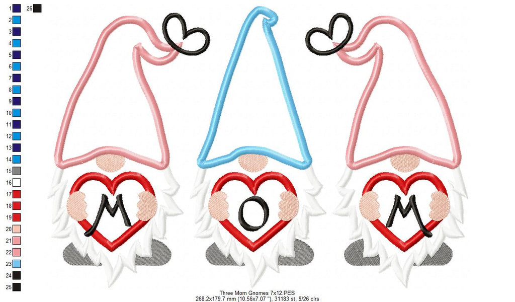 Three Mom Gnomes Heart - Applique - Machine Embroidery Design