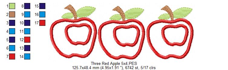 Three Red Apples - Applique - Machine Embroidery Design