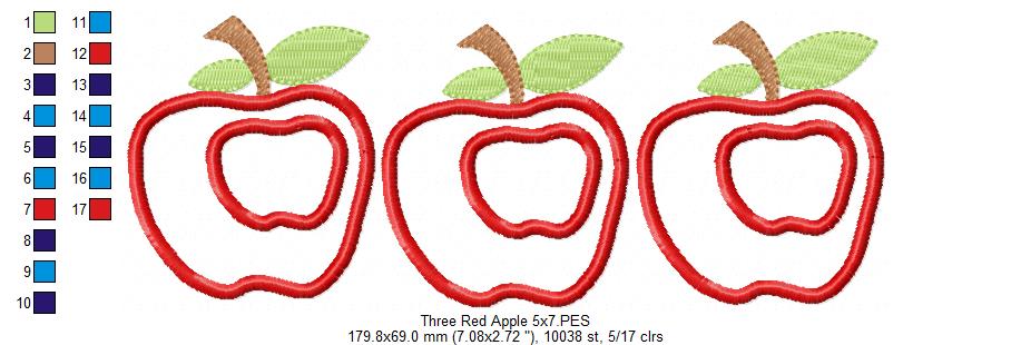 Three Red Apples - Applique - Machine Embroidery Design