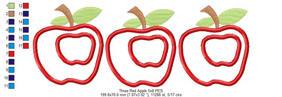 Three Red Apples - Applique - Machine Embroidery Design