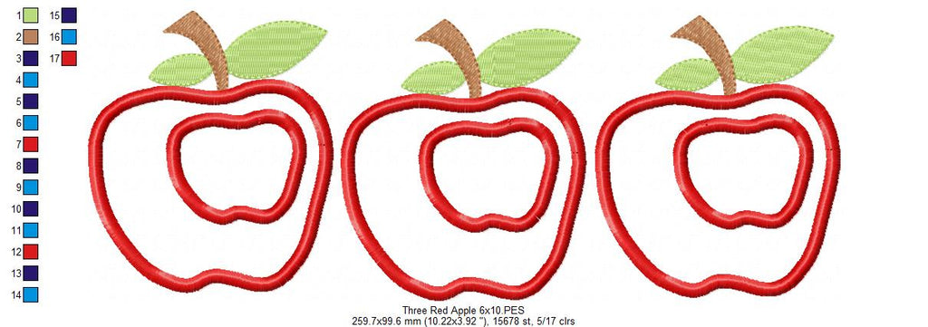 Three Red Apples - Applique - Machine Embroidery Design