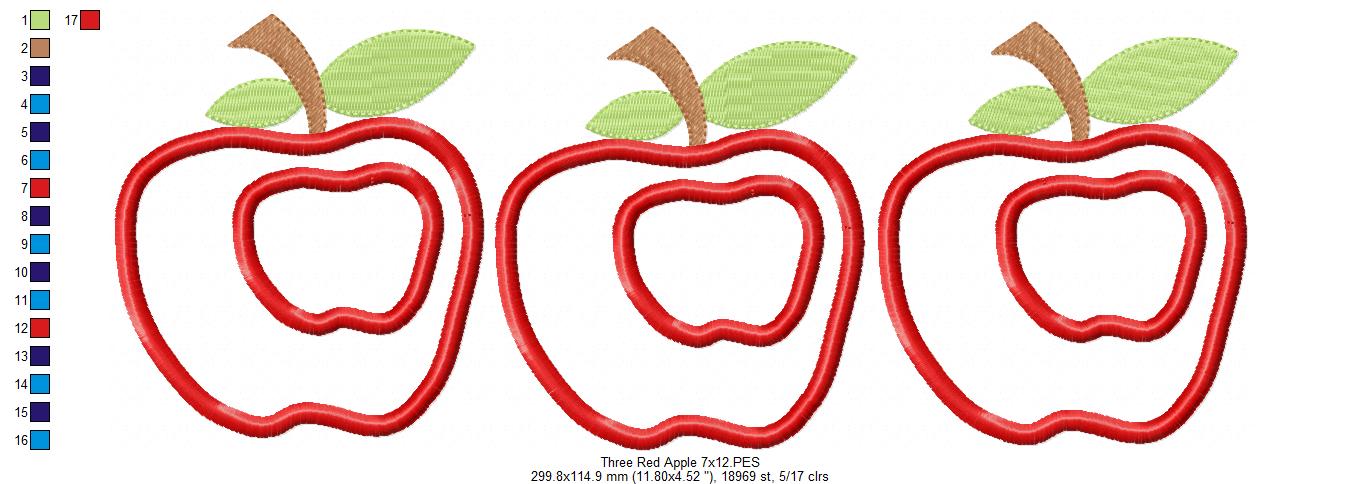 Three Apples Appliqué Embroidery Design - Cute Apple Trio - Machine Embroidery File
