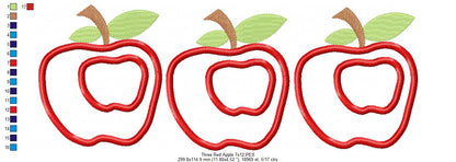 Three Apples Appliqué Embroidery Design - Cute Apple Trio - Machine Embroidery File