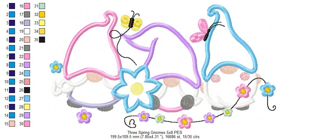 Three Spring Gnomes with Flowers - Applique