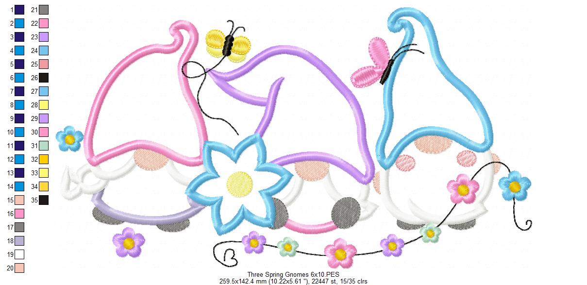 Three Spring Gnomes with Flowers - Applique