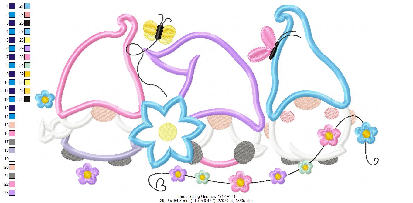 Three Spring Gnomes with Flowers - Applique