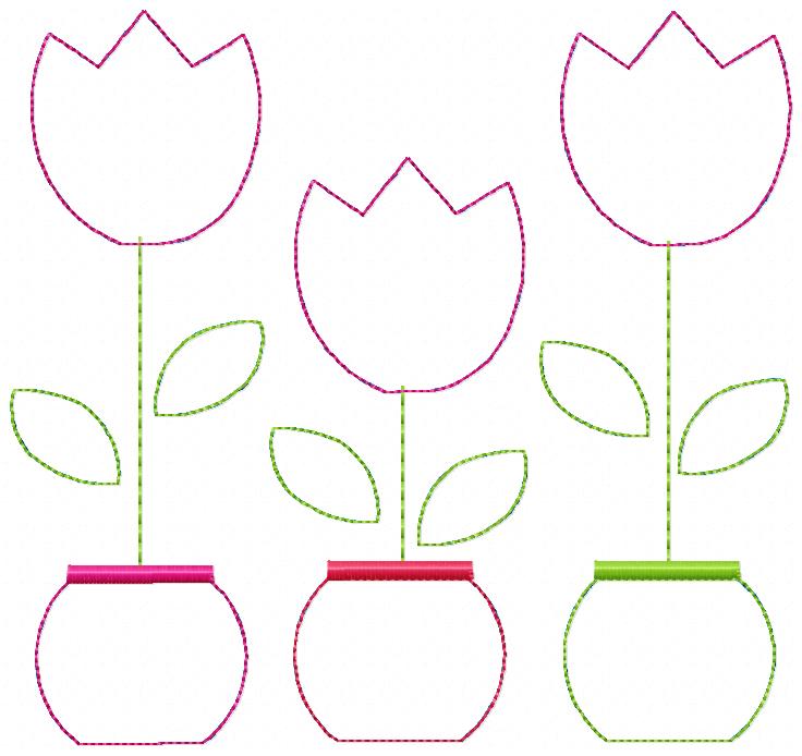 Three Tulip Vases – Raggy Appliqué – Machine Embroidery Design