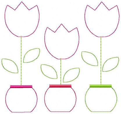 Three Tulip Vases – Raggy Appliqué – Machine Embroidery Design