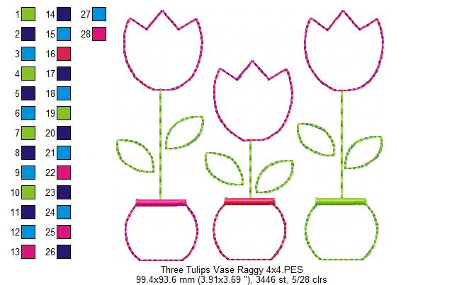 Three Tulip Vases – Raggy Appliqué – Machine Embroidery Design
