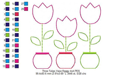 Three Tulip Vases – Raggy Appliqué – Machine Embroidery Design