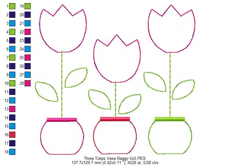 Three Tulip Vases – Raggy Appliqué – Machine Embroidery Design