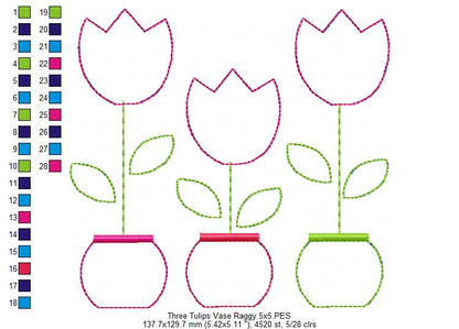 Three Tulip Vases – Raggy Appliqué – Machine Embroidery Design