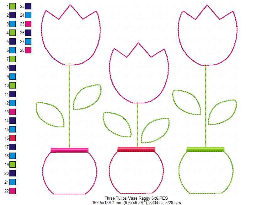Three Tulip Vases – Raggy Appliqué – Machine Embroidery Design