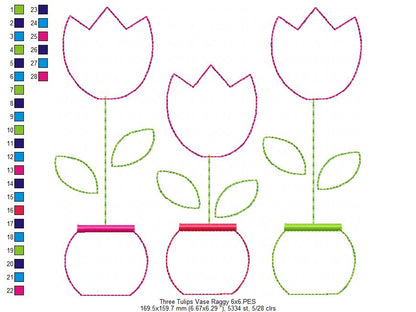 Three Tulip Vases – Raggy Appliqué – Machine Embroidery Design