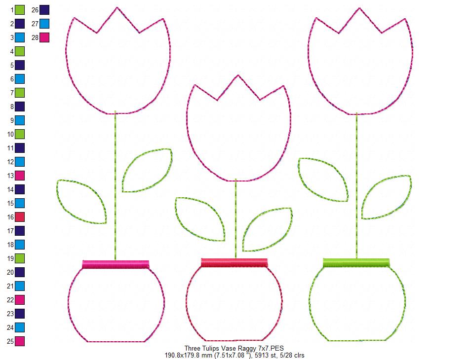 Three Tulip Vases – Raggy Appliqué – Machine Embroidery Design