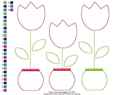 Three Tulip Vases – Raggy Appliqué – Machine Embroidery Design