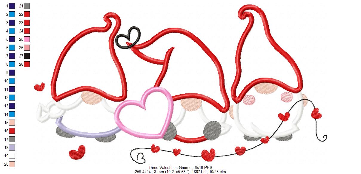 Three Valentines Gnomes - Applique