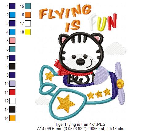 Tiger Flying is Fun - Applique - Machine Embroidery Design