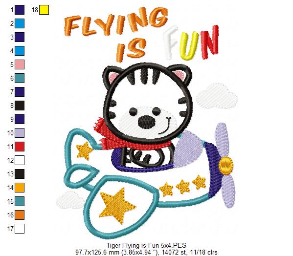 Tiger Flying is Fun - Applique - Machine Embroidery Design