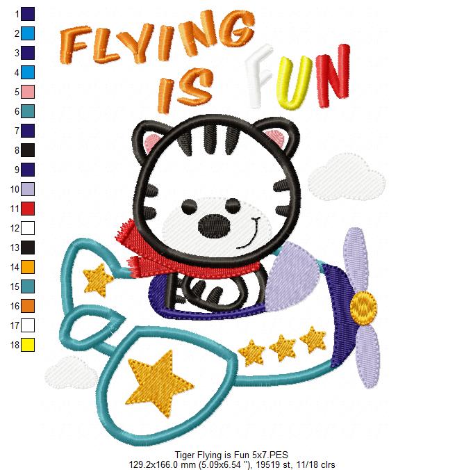 Tiger Flying is Fun - Applique - Machine Embroidery Design