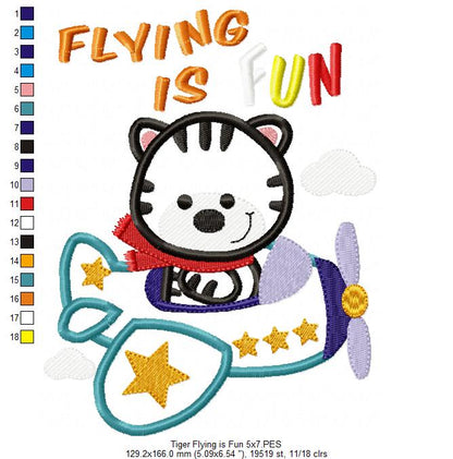 Tiger Flying is Fun - Applique - Machine Embroidery Design