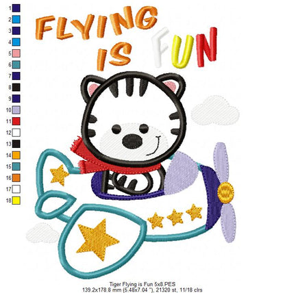 Tiger Flying is Fun - Applique - Machine Embroidery Design