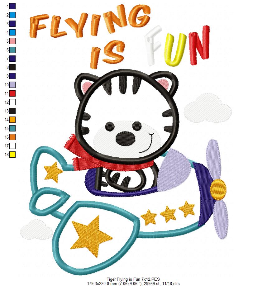 Tiger Flying is Fun - Applique - Machine Embroidery Design