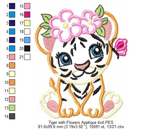 Tiger Girl with Flowers - Applique & Fill Stitch - Set of 2 designs