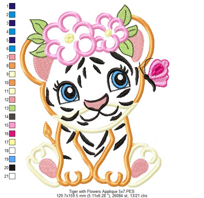 Tiger Girl with Flowers - Applique & Fill Stitch - Set of 2 designs