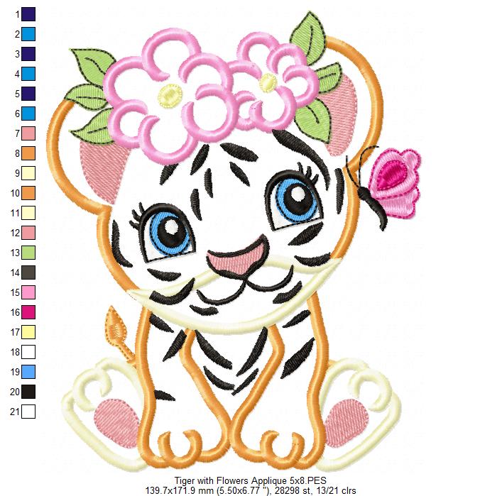 Tiger Girl with Flowers - Applique & Fill Stitch - Set of 2 designs