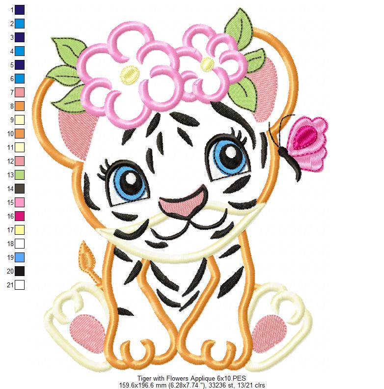 Tiger Girl with Flowers - Applique & Fill Stitch - Set of 2 designs