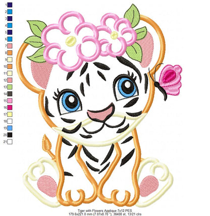 Tiger Girl with Flowers - Applique & Fill Stitch - Set of 2 designs
