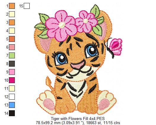 Tiger Girl with Flowers - Fill Stitch