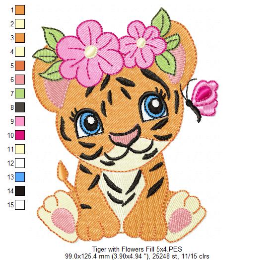 Tiger Girl with Flowers - Fill Stitch