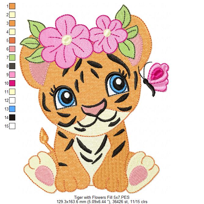 Tiger Girl with Flowers - Fill Stitch