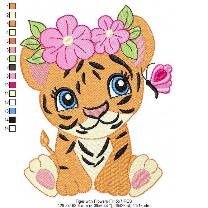 Tiger Girl with Flowers - Applique & Fill Stitch - Set of 2 designs